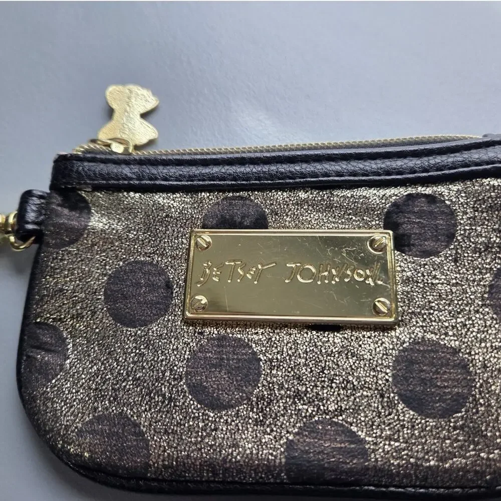 Betsey Johnson Wristlet Wallet Black and Gold Polka Dot Metallic‎ ID Window
